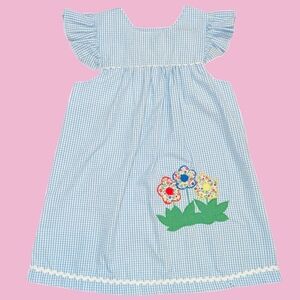 Girls Sundress Vintage Seersucker Summer Dress Gingham Flowers Applique Size 5